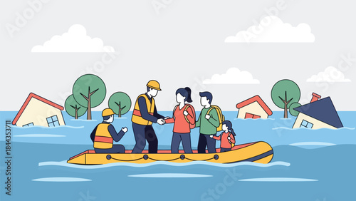 Emergency services performing a flood rescue, helping a family from submerged homes into an inflatable boat. Highlighting community aid during natural disasters