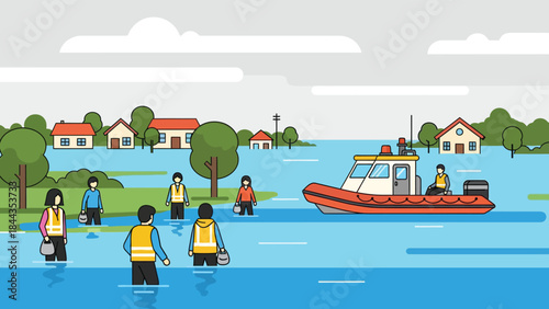 Illustration of Flood Rescue Operation with People in Life Vests and a Boat Amidst Flooded Houses