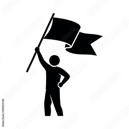 Silhouette of a person holding a waving flag.