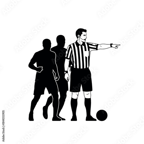 Soccer referee pointing with players and ball.