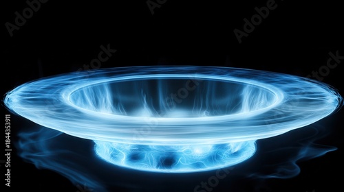 A perfectly formed blue magnetic levitation module glows with intense energy and light creating a futuristic ethereal ring against a dark background