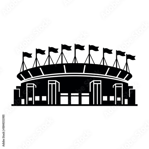 Stadium silhouette with flags sports arena outline.