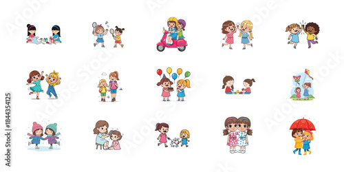 A collection of cartoon girls in various colorful outfits and hairstyles