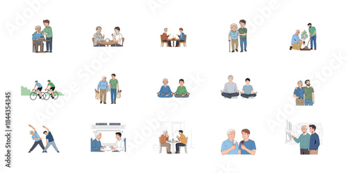 Blurry illustrations of people in various professions and daily activities