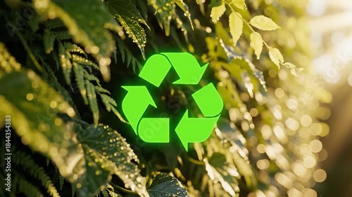 green recycling symbol surrounded by fresh leaves, sustainability and environmental responsibility concept

