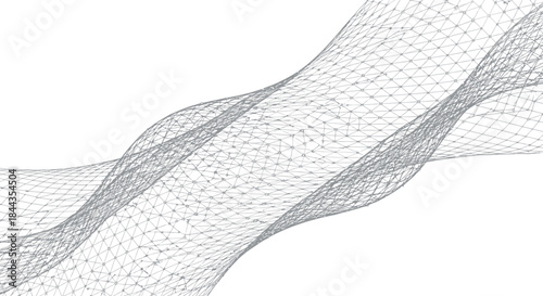 Abstract digital mesh wave pattern with interconnected nodes creating a futuristic and technological design on a white background.