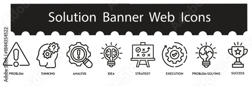Business Solution and Analysis Vector Icon Set Featuring Strategy, Innovation, Problem Solving, Creative Ideas, Technology Management, and Corporate Achievement Concepts, Professional Business Concept
