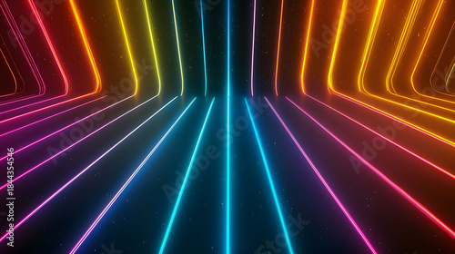 Vibrant neon lines create mesmerizing pattern against dark background, evoking sense of energy