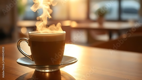 barista. A steaming hot latte on a cafe table bathed in warm morning light. bar promotions, beverage menus, packaging labels, designed for food & beverage menus and cafe branding, used by teachers.