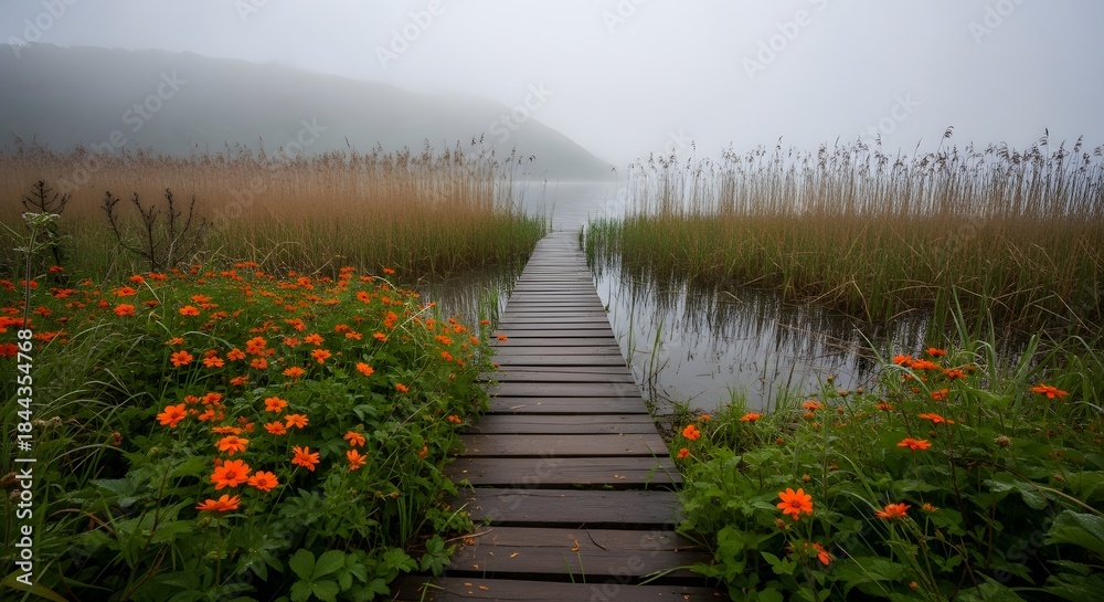 Fototapeta premium Wooden boardwalk path through a misty autumn forest landscape with lake and trees