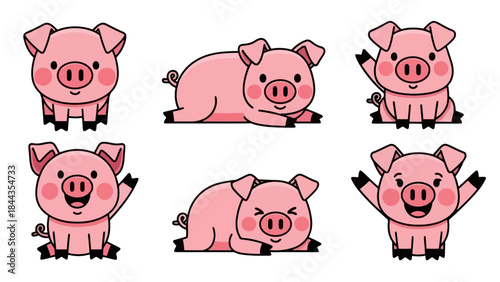 Cute Cartoon Pigs Collection: Six Adorable Pink Pig Characters in Various Poses