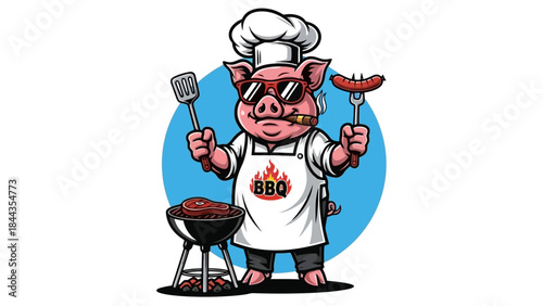 Cool Cartoon Pig Chef with Cigar, Spatula, and Sausage on Fork, Grilling BBQ