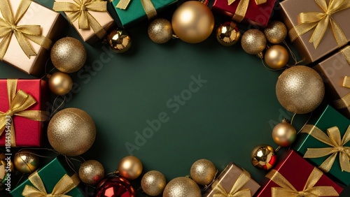 Green Christmas background with luxury gift boxes and gold ornaments border, elegant holiday frame with copy space

