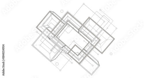 Abstract geometric composition with overlapping wireframe cubes and circles creating a sense of depth and complexity.