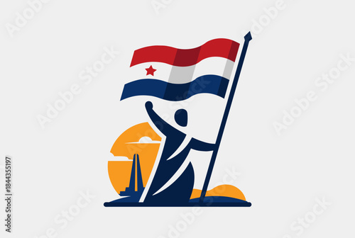 Stylized graphic illustration of a person holding a flag with red, white, and blue stripes and a red star, against an orange sunset and city silhouette.