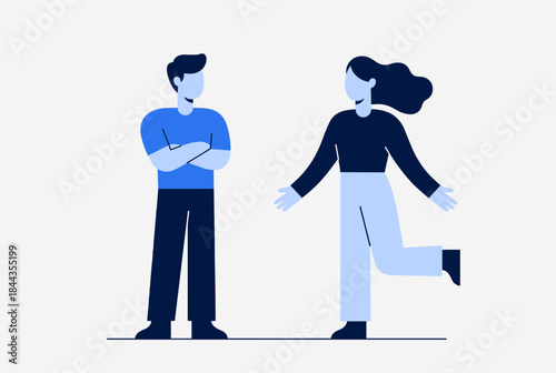 Two minimalist blue and white figures, a man with crossed arms listening to a woman gesturing and talking, representing communication or interaction.