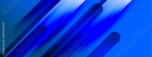 Abstract blue shapes create dynamic lines, gradients. Modern design suggests speed, technology, innovation. Clean aesthetic, vibrant colors.