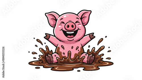 Happy Piglet Splashing in Mud, Cartoon Vector Illustration of Joyful Animal Fun