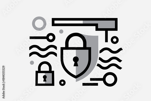 A black and white vector illustration depicting digital security concepts with padlocks, a key, and a barrier, symbolizing data protection and access control.