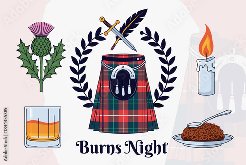 Illustrative depiction of Scottish culture with kilt, thistle, whisky, haggis, and candle for Burns Night celebration.