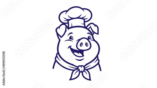 Happy Chef Pig Wearing Hat and Scarf, Cute Cartoon Animal Illustration