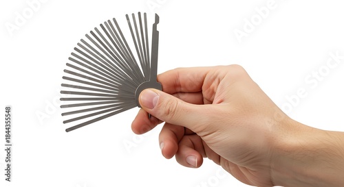 Hand holding a fanned-out feeler gauge for precision measurement and gap inspection against a clean white background, highlighting industrial and mechanical accuracy