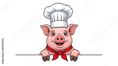 Cheerful Chef Pig Wearing a Hat and Red Bandana, Peeking Over a White Banner