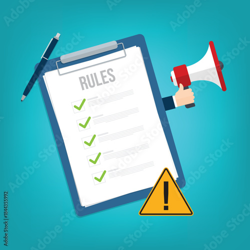 Rules and regulations, policy and guideline for employee or users to follow, legal term, corporate compliance or laws, standard. Vector illustration.