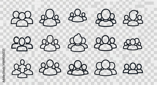 Diverse group of people icons representing teamwork and community, modern flat design style with clean lines and simple shapes on a transparent background