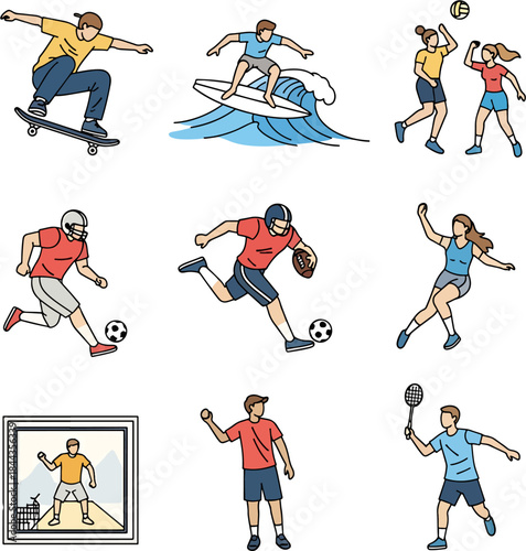 Diverse Group of People Engaging in Various Sports and Recreational Activities Outdoors and Indoors Featuring Surfing Skating and More