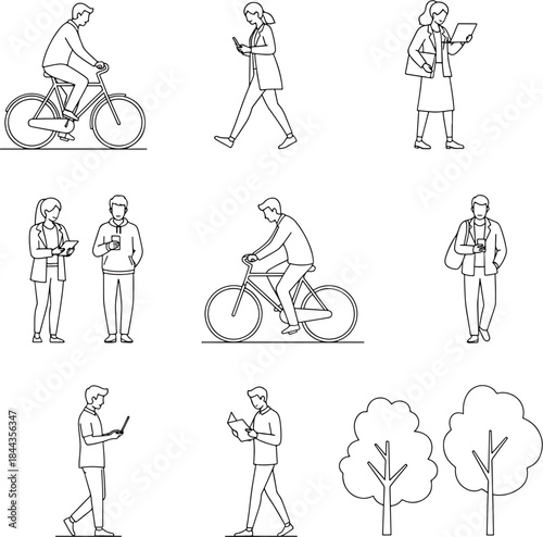 Diverse group of people engaged in various activities including cycling, walking with phones, reading, and standing with drinks, set against a simple background with trees.