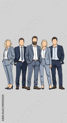 Diverse group of five professionals in matching blue suits standing confidently on a neutral background, men and women