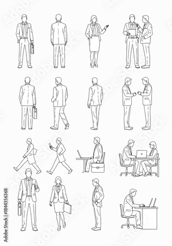 Diverse group of business professionals in various poses, standing, walking, and interacting, depicted in a clean line art illustration style