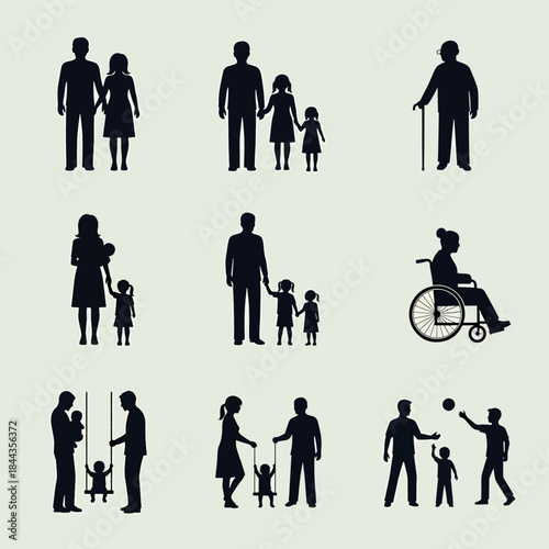 Diverse family silhouettes showing various life stages and activities, including elderly, children, and disabled individuals, illustrating modern family dynamics