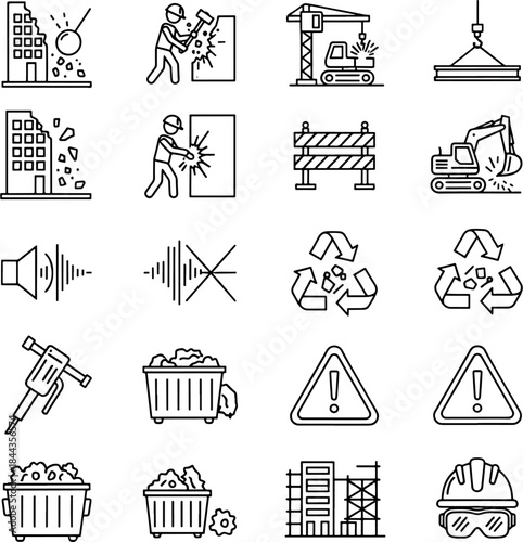 Demolition and construction icon set illustrating building demolition, heavy machinery, waste management, and safety warnings for industry.
