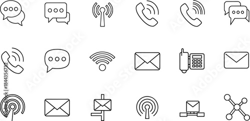 Communication and technology icons vector set, chat bubbles, phone calls, email envelopes, Wi-Fi signal, and network nodes