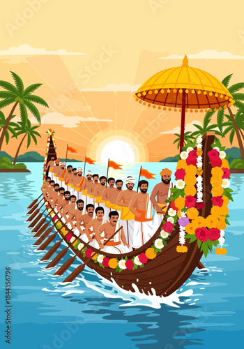 Colorful Snake Boat Race in Kerala India During Sunset with Traditional Dancers and Palm Trees, a Vibrant Cultural Festival Celebration