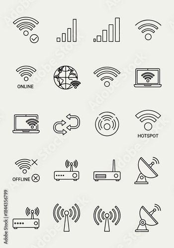 Collection of Wireless and Internet Connection Icons Signal Strength Globe Laptop Router and Satellite Dish Vector Graphics