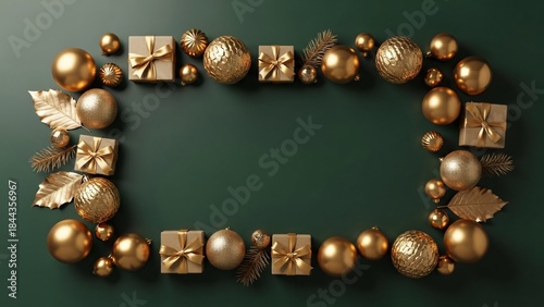 Green Christmas background with luxury gift boxes and gold ornaments border, elegant holiday frame with copy space

