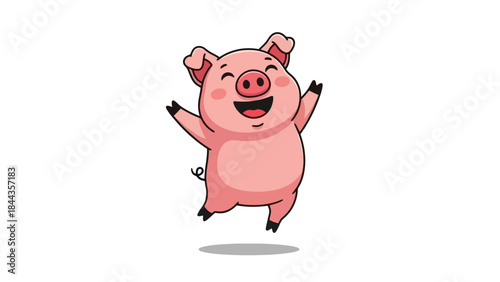 A happy cartoon pig with its arms raised in excitement, jumping in the air.
