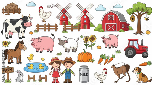 Colorful Farm and Barnyard Scene with Animals, Crops, and Tractor