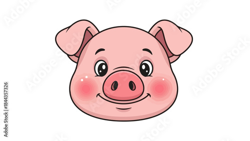 Cute Pink Pig Face with Blushing Cheeks and Big Eyes, Cartoon Style Illustration