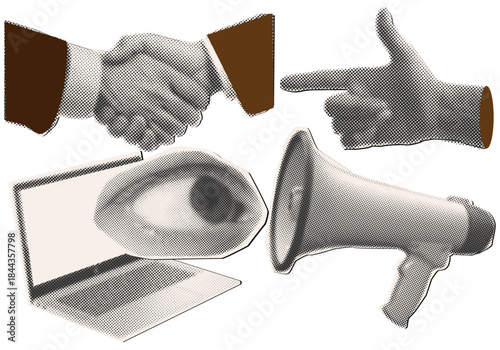 Trendy halftone collage elements cut out from paper,megaphone,business mans handshake,eye,hand showing with finger,laptop