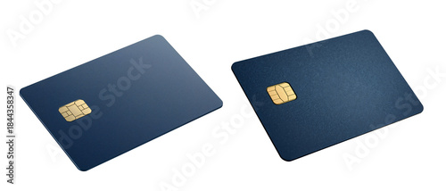 Set of blank navy blue smart cards with golden EMV chips isolated on white background.