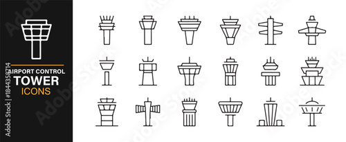 Thin-line airport tower illustrations for aviation and travel visuals