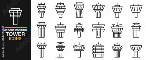 Editable stroke airport control tower icons for aviation and transport design