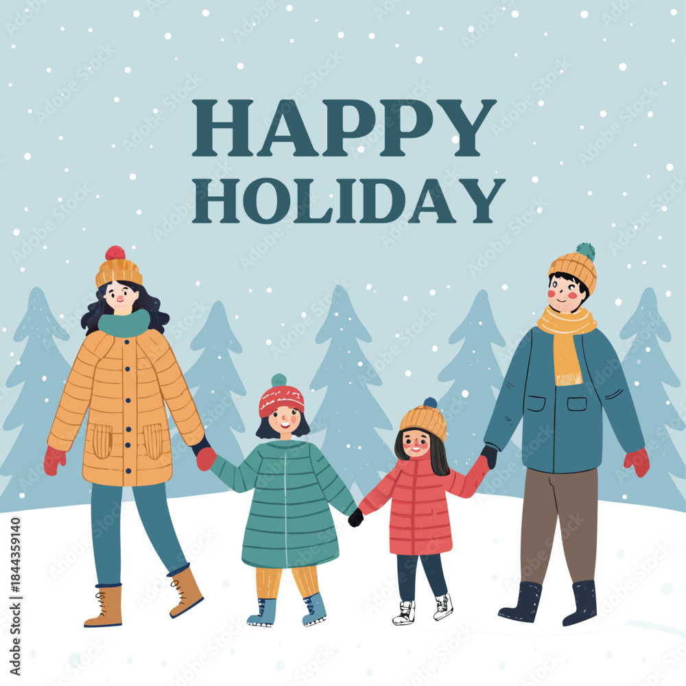 Fototapeta premium Winter Holiday Family Outing: Amidst a snowy landscape, a family of four, bundled in warm winter attire, joyfully embarks on a festive holiday outing, creating cherished memories.