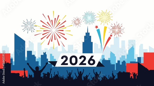 2026 New Year Celebration with Fireworks Over City Skyline and Cheering Crowd