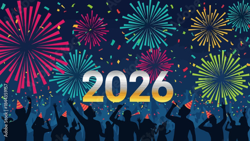 Happy New Year 2026 Celebration with Fireworks and Confetti