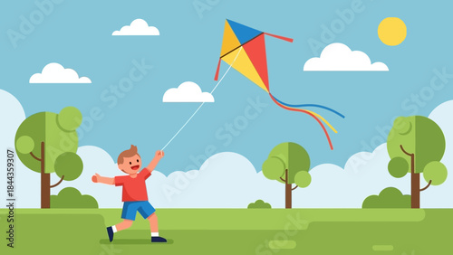 A cheerful child enjoying a joyful outdoor activity, flying a vibrant kite under a clear blue sky in a lush green park, embodying freedom and childhood fun and dreams